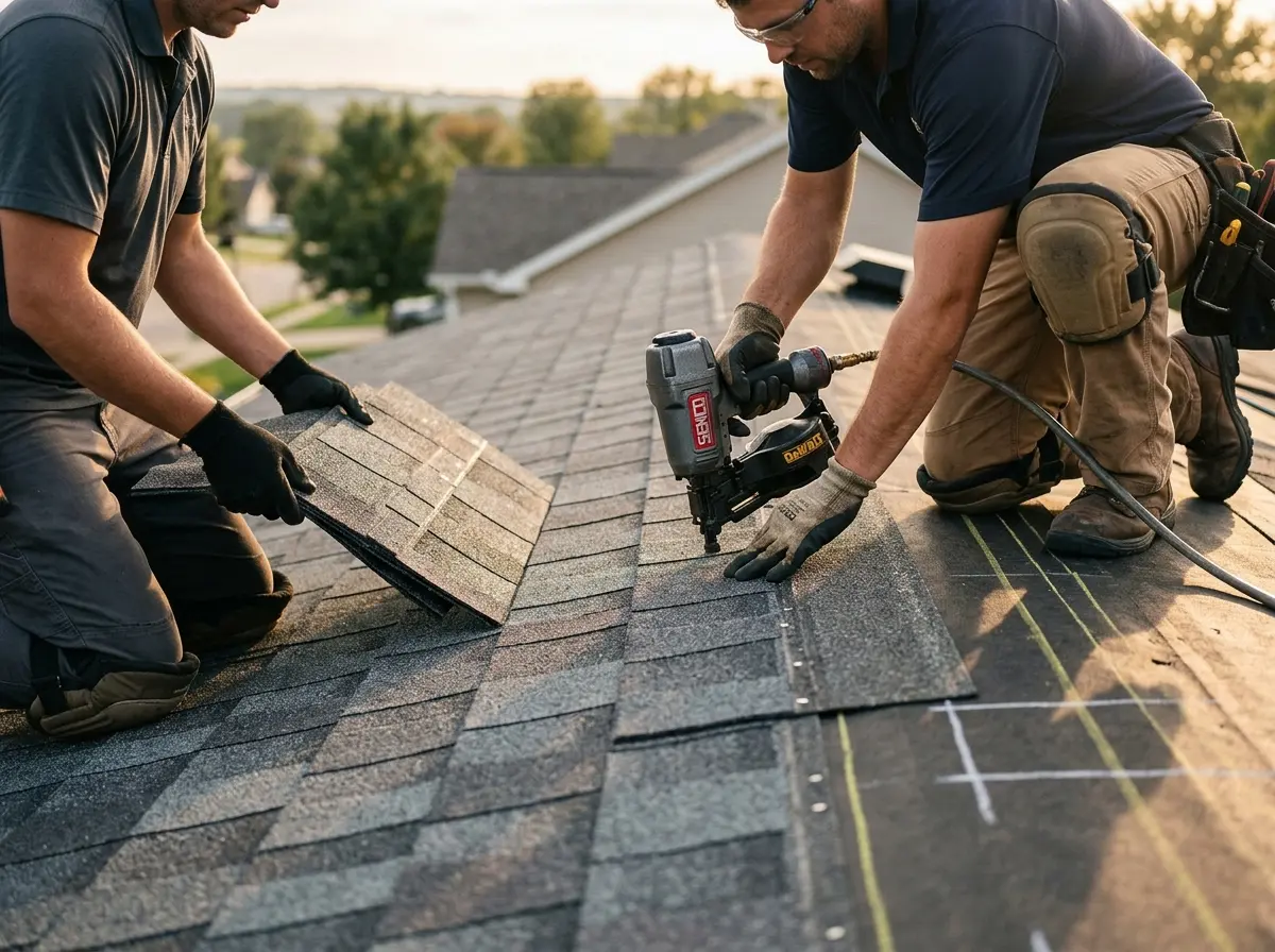 Professional roofer working on a residential roof in Harrisville